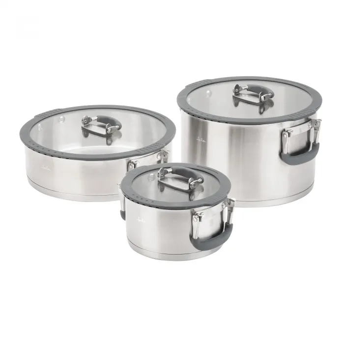 STACKABLE STAINLESS STEEL POT SET - 3 PIECES WITH GLASS...
