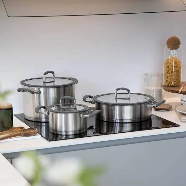 Stackable Stainless Steel Pot Set - 3 Pieces With Glass Lids HBAT2552